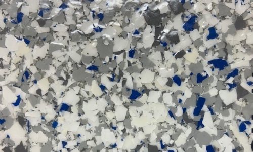 white, gray, and blue flecked resinous flooring